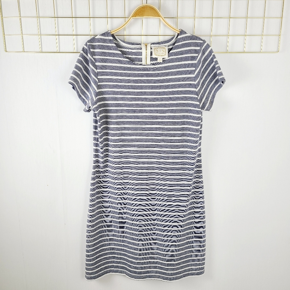 Sail to Sable Blue White Nautical Striped Coastal Short Sleeve Cotton Dress